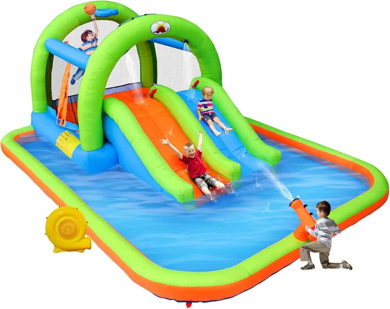 WELLFUNTIME Inflatable 2-in-1 Water Slide Bouncy Castle with Blower
