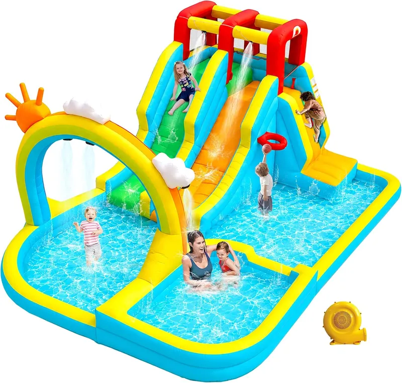 WELLFUNTIME Inflatable Water Double Slides Park with Blower